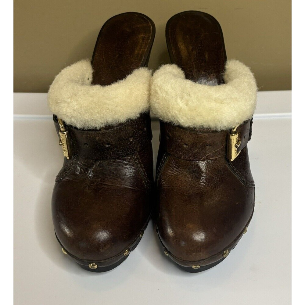 Michael Kors Mules Heels Brown With Faux Fir Buckles And Gold Studs Size 6.5